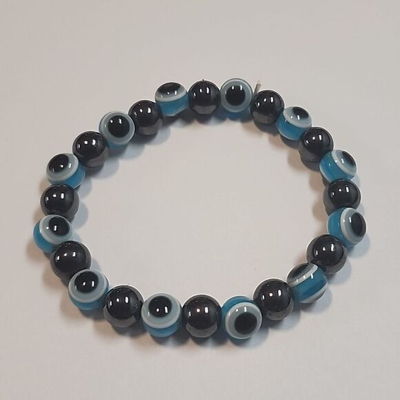 Blue Aqua Evil Eye Hematite Stretch Bracelet, Jewelry Gift Present, - Picture 1 of 2